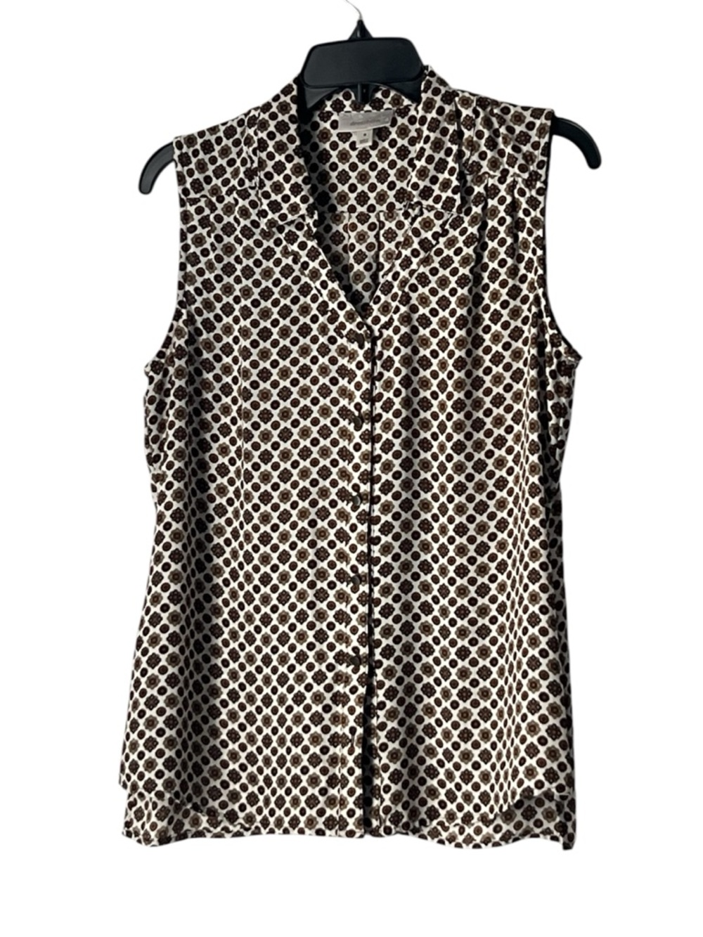 dressbarn Brown and White Sleeveless‎ Button-Down Geometric Top, Size M